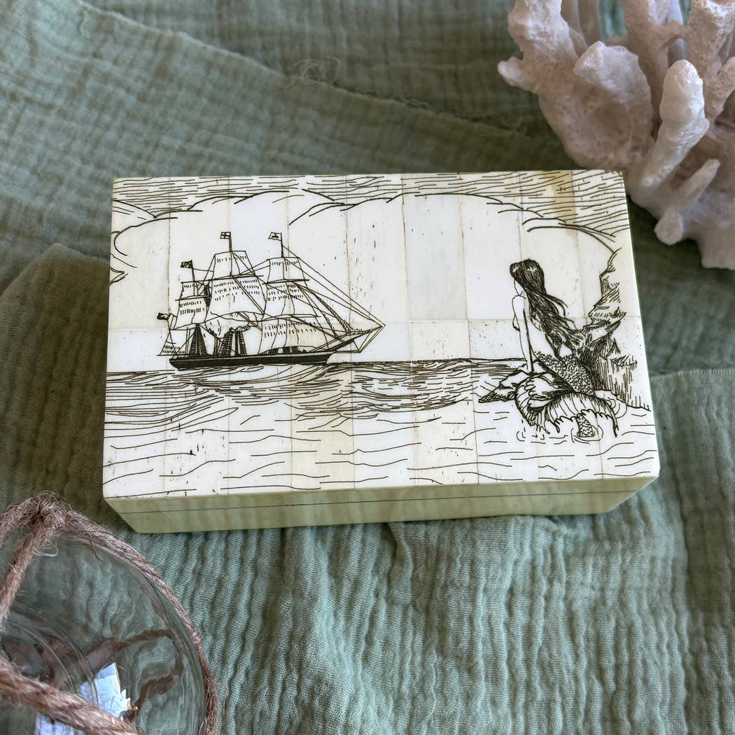 Mermaid Watching Engraved Vintage Scrimshaw Bone Box, 5-1/4”