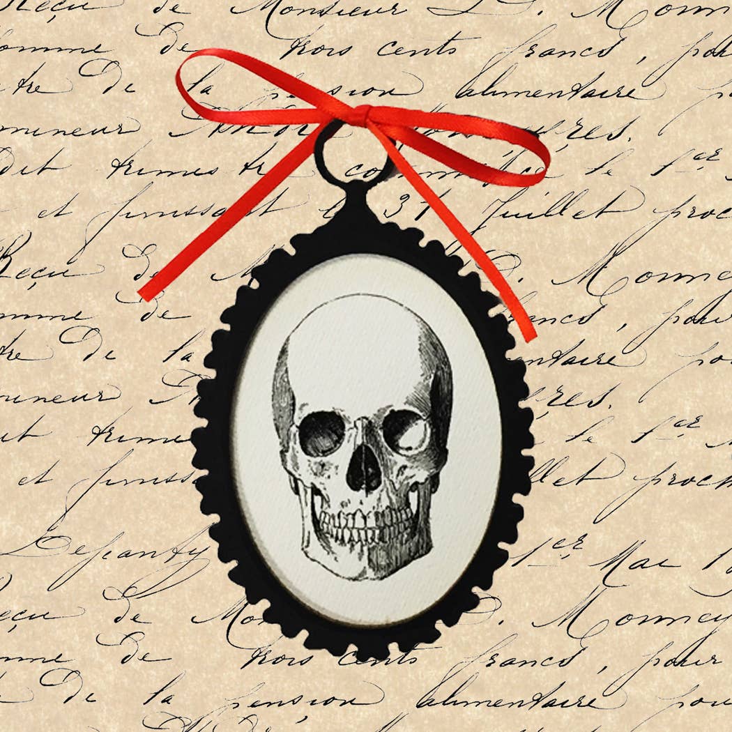 5 Halloween Skeleton Ornaments with Orange Ribbon