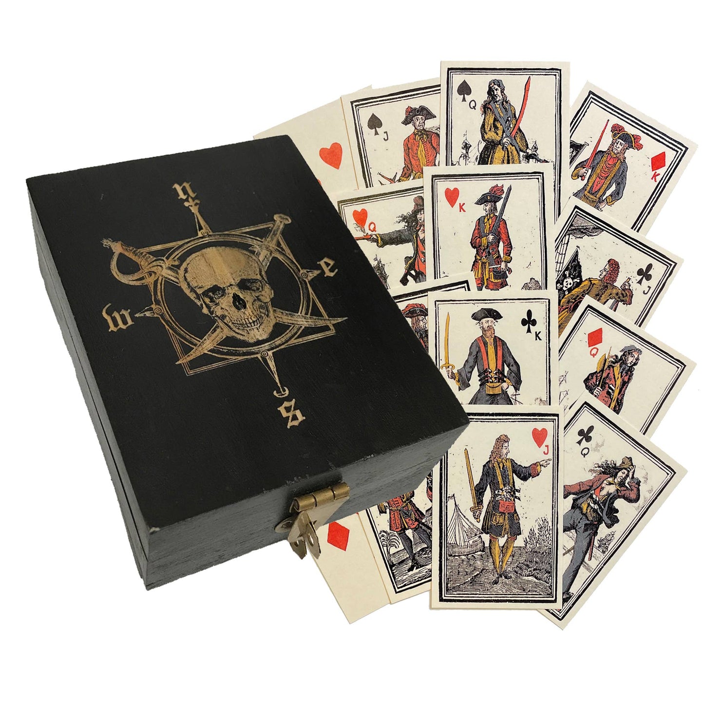 Compass Rose and Skull Solid Mango Wood Box Playing Cards
