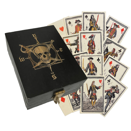 Compass Rose and Skull Solid Mango Wood Box Playing Cards