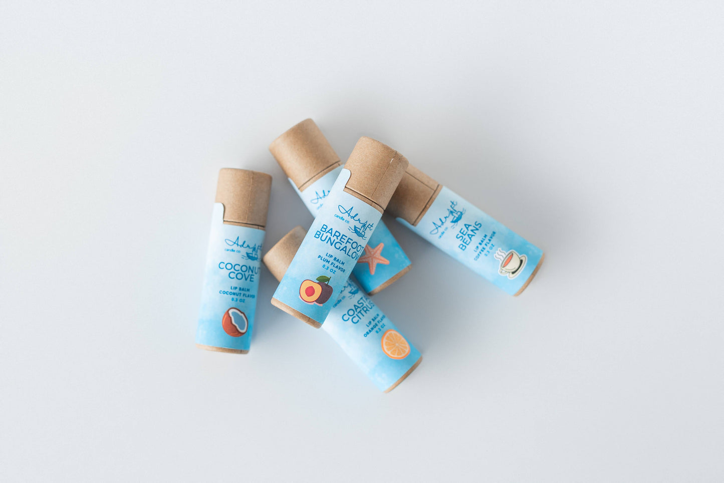 Lip balm, recyclable cardboard tube, coastal themed