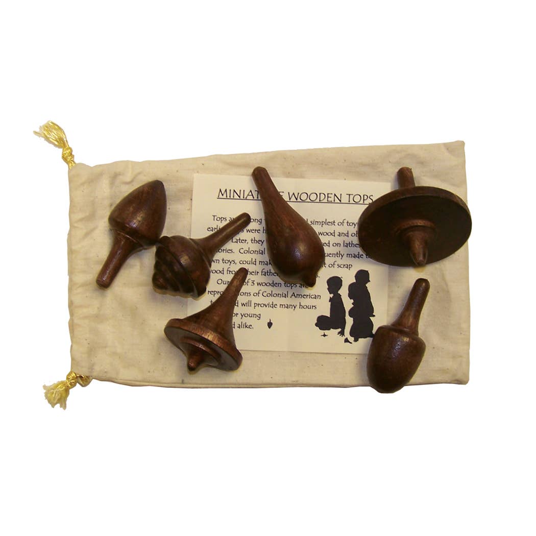 Set of 6 Spinning Wood Tops in Cloth Bag
