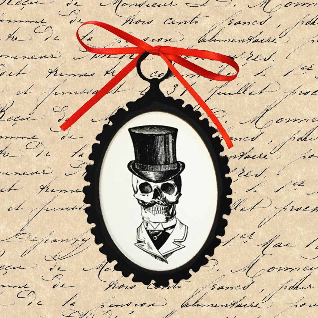 5 Halloween Skeleton Ornaments with Orange Ribbon