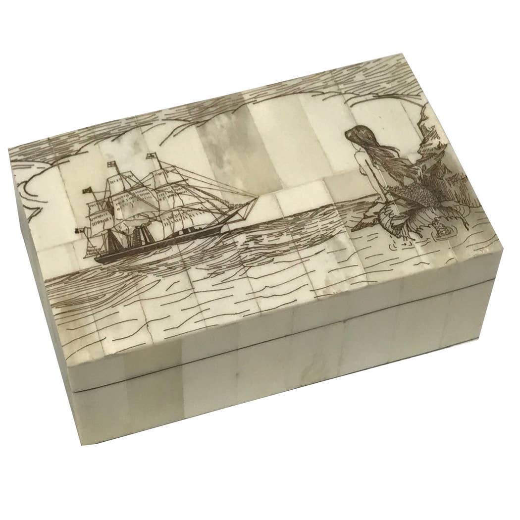 Mermaid Watching Engraved Vintage Scrimshaw Bone Box, 5-1/4”