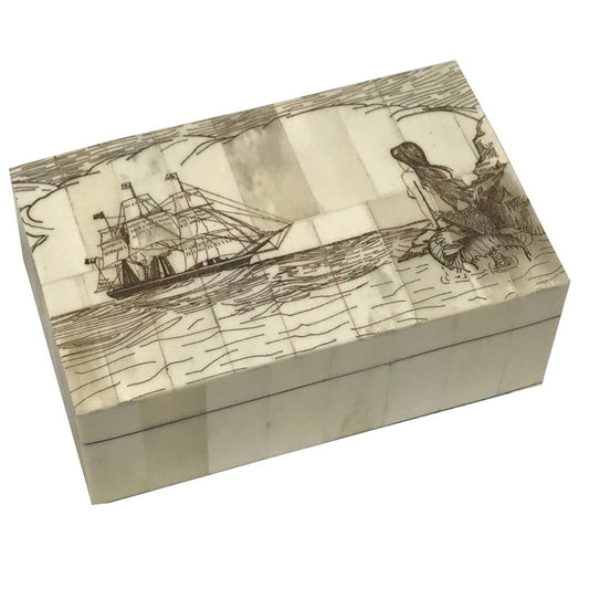 Mermaid Watching Engraved Vintage Scrimshaw Bone Box, 5-1/4”