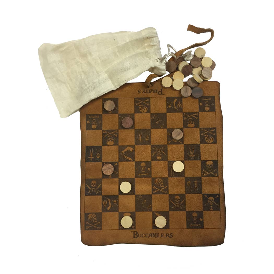 Pirate and Buccaneers Flag Leather Checker Board, 9-1/2”