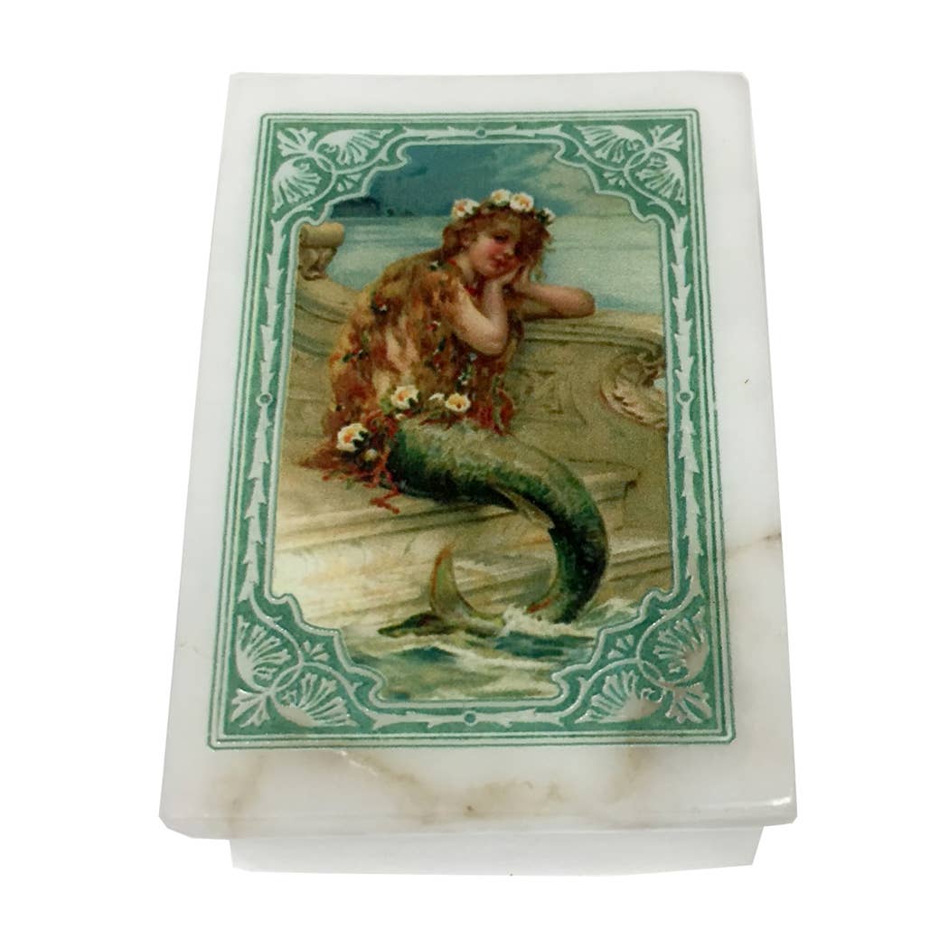 Mermaid Daydreaming Printed Soapstone Box, Lift-off Lid, 3"