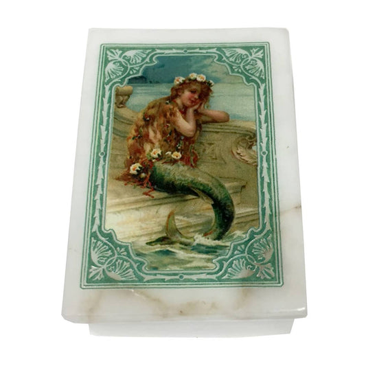 Mermaid Daydreaming Printed Soapstone Box, Lift-off Lid, 3"