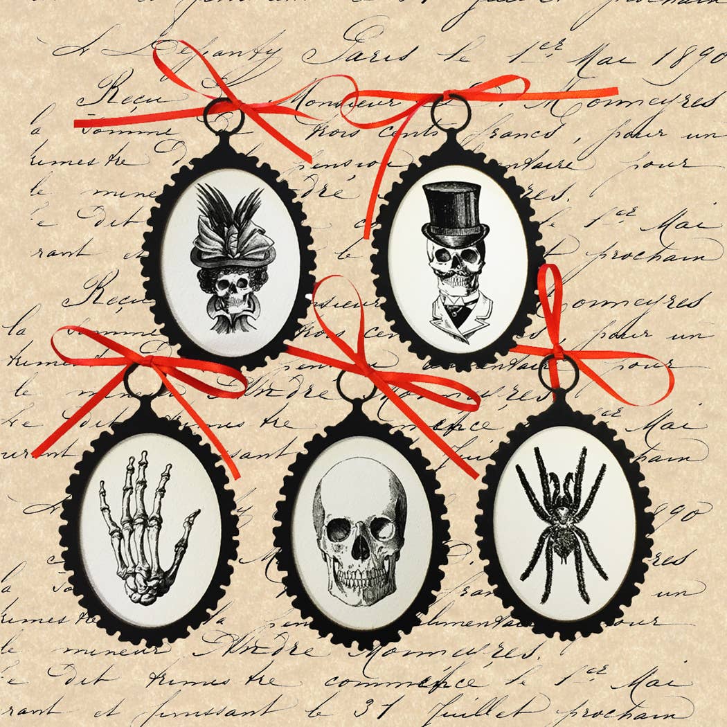 5 Halloween Skeleton Ornaments with Orange Ribbon