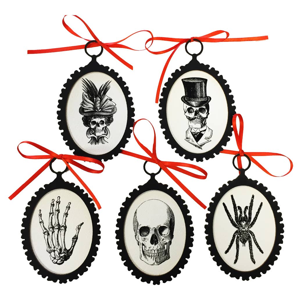 5 Halloween Skeleton Ornaments with Orange Ribbon