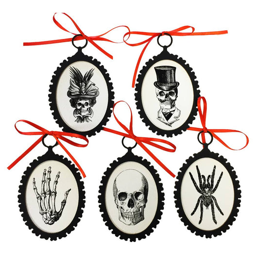 5 Halloween Skeleton Ornaments with Orange Ribbon