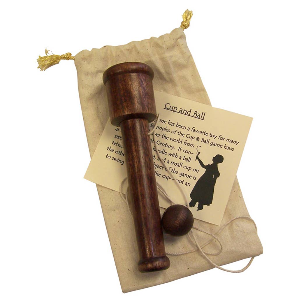 Wooden Cup and Ball Game in Cloth Bag, 6”