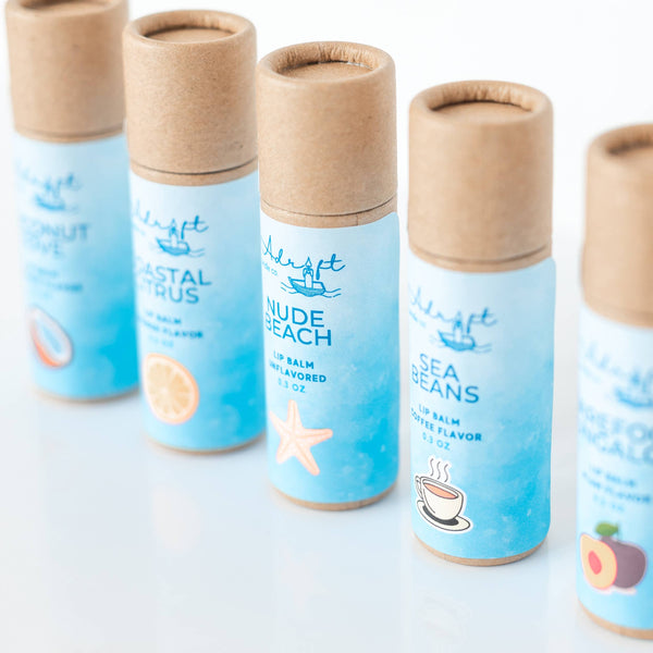 Lip balm, recyclable cardboard tube, coastal themed