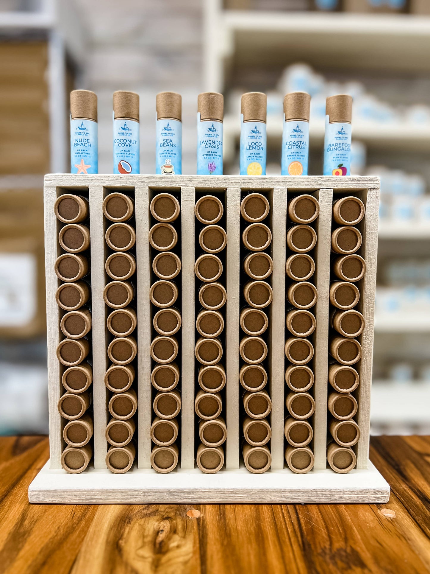 Lip balm, recyclable cardboard tube, coastal themed