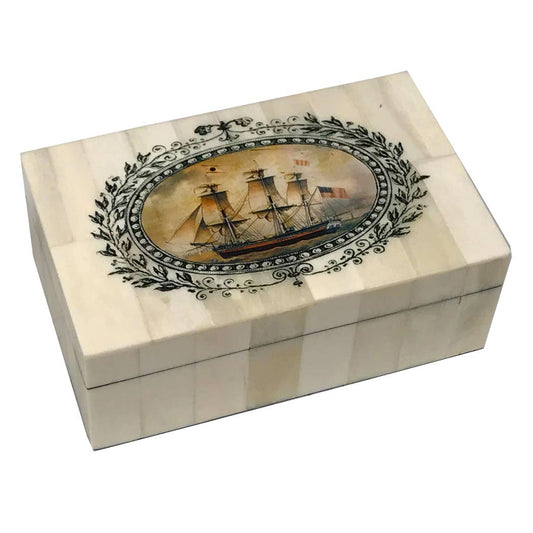 Sailing Ship Ann Alexander Color-Printed Bone Box, 5-1/4”
