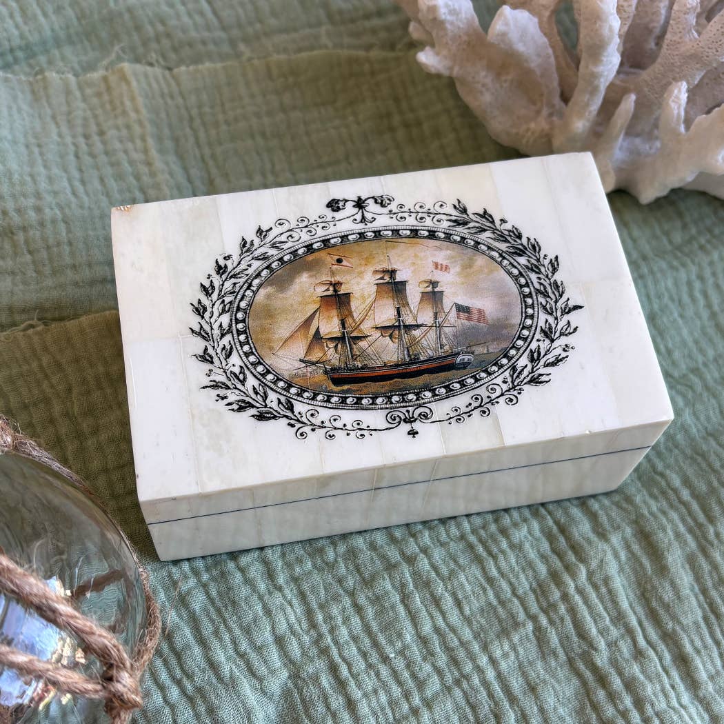 Sailing Ship Ann Alexander Color-Printed Bone Box, 5-1/4”