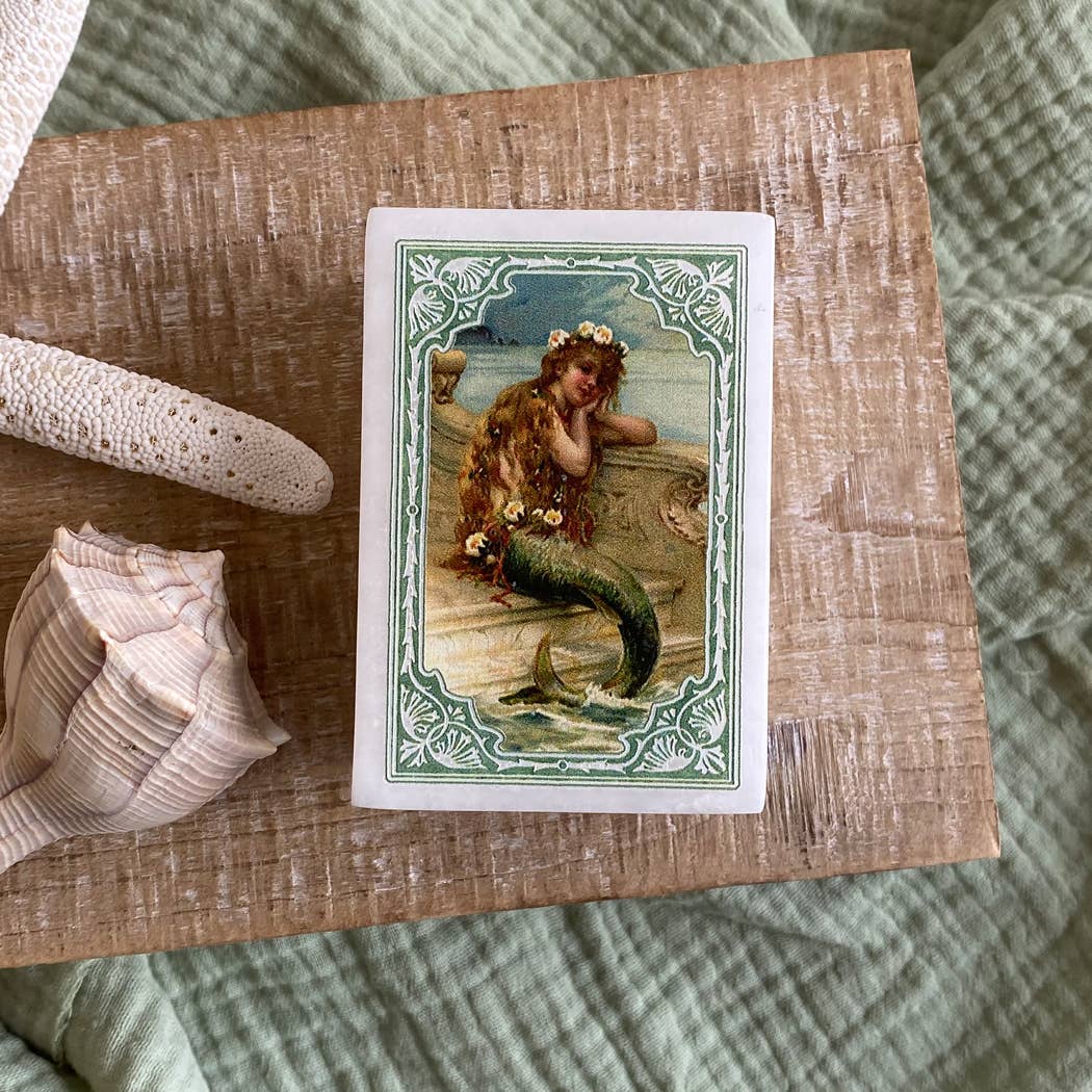 Mermaid Daydreaming Printed Soapstone Box, Lift-off Lid, 3"