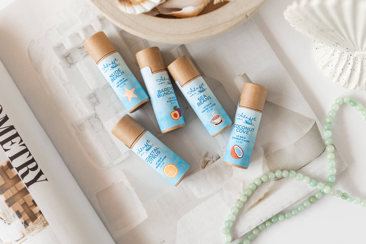 Lip balm, recyclable cardboard tube, coastal themed