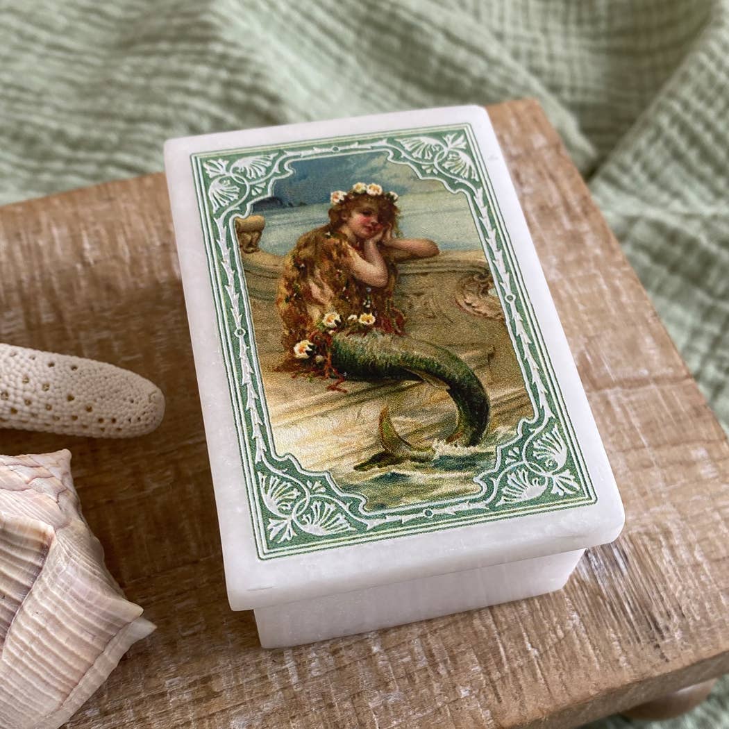 Mermaid Daydreaming Printed Soapstone Box, Lift-off Lid, 3"