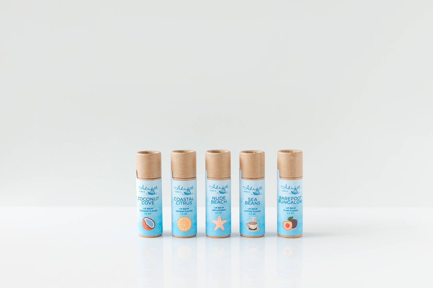 Lip balm, recyclable cardboard tube, coastal themed
